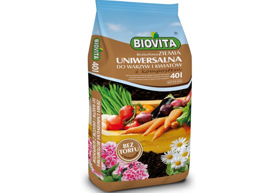 Zdjęcie: Ziemia uniwersalna beztorfowa do warzyw i kwiatów z kompostem 40L BIOVITA