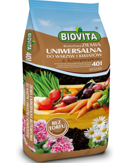 Zdjęcie: Ziemia uniwersalna beztorfowa do warzyw i kwiatów z kompostem 40L BIOVITA