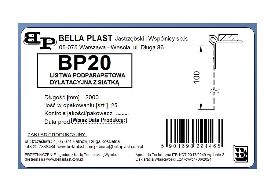 Zdjęcie: Listwa podparapetowa dylatacyjna z siatką BP20 L200 biała BELLA PLAS