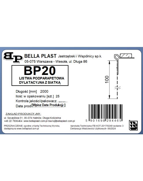 Zdjęcie: Listwa podparapetowa dylatacyjna z siatką BP20 L200 biała BELLA PLAS