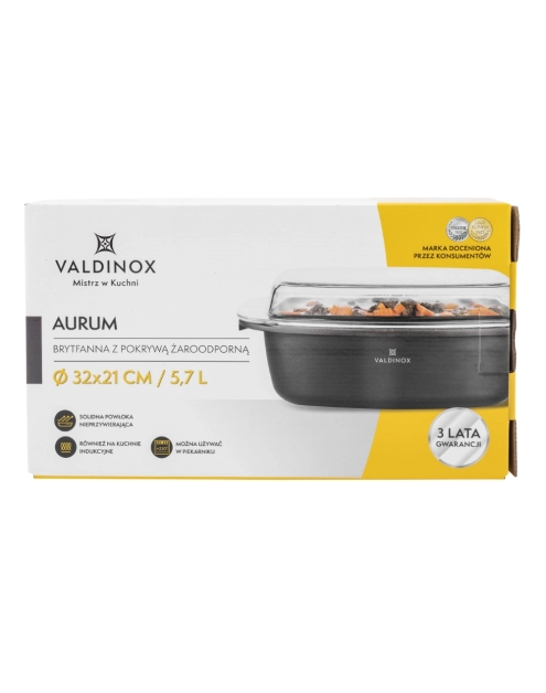 Zdjęcie: Brytfanna Aurum 32x21 cm prostokątna z pokrywą Żaroodporna 5,7 L+2,4 L VALDINOX