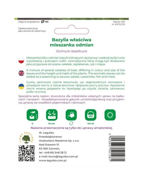 Zdjęcie: Bazylia właściwa mieszanka odmian typ patio 0,50 g na balkon i taras W.LEGUTKO