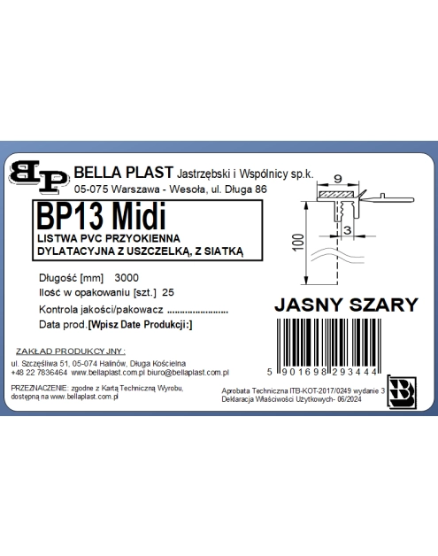 Zdjęcie: Listwa PVC BP13 Midi L300 9/3 szary jasny, z siatką i z uszczelką BELLA PLAST