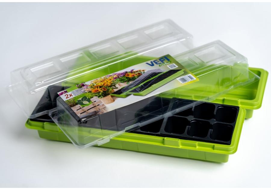 Zdjęcie: Miniszklarenki dwie sztuki zielone 47x16 cm z 18 doniczkami i przykryciem VEFI