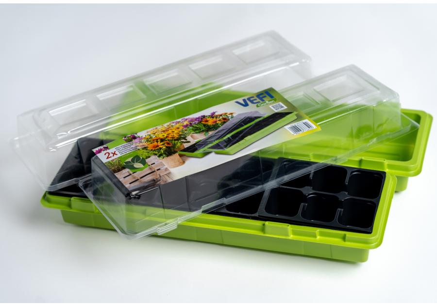 Zdjęcie: Miniszklarenki zielone 47x16 cm z 18 doniczkami i przykryciem, 2 sztuki VEFI