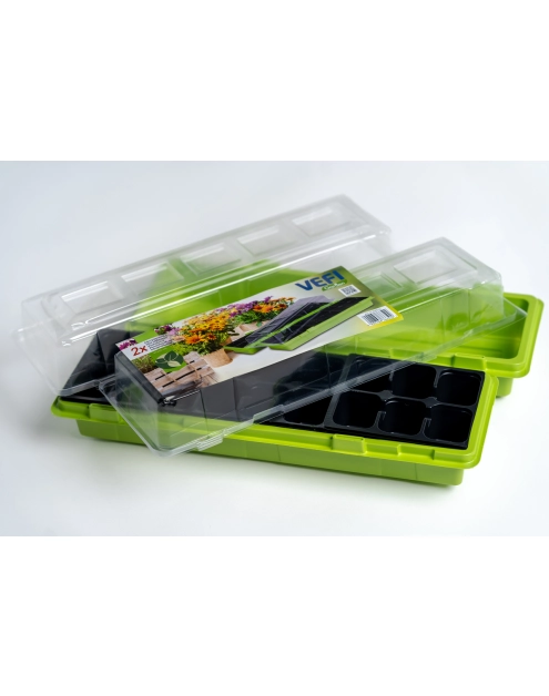Zdjęcie: Miniszklarenki zielone 47x16 cm z 18 doniczkami i przykryciem, 2 sztuki VEFI