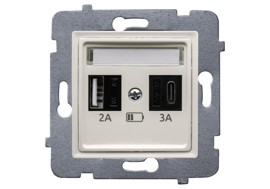 Zdjęcie: Ładowarka szybka USB A+C (A-10 W, C-20 W), bez ramki Rosa ecru POLMARK