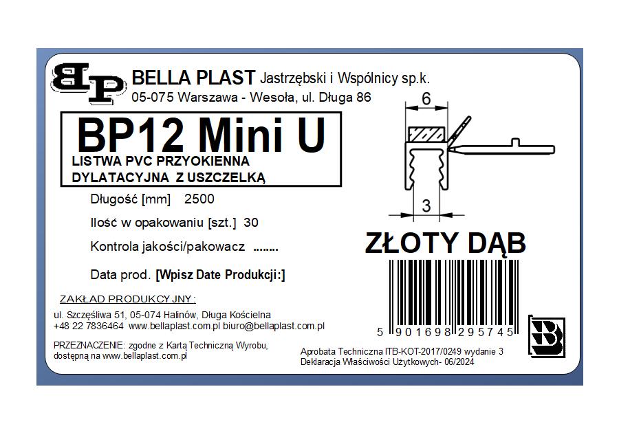 Zdjęcie: Listwa PVC BP12 Mini U L250 6/3 złoty dąb, tynkarska z uszczelką BELLA PLAST