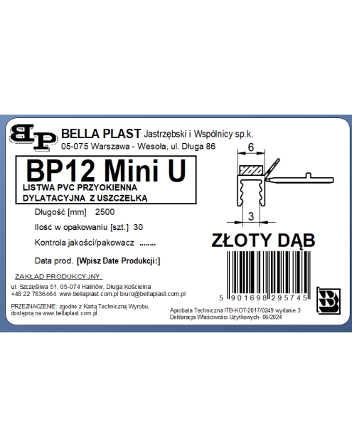 Zdjęcie: Listwa PVC BP12 Mini U L250 6/3 złoty dąb, tynkarska z uszczelką BELLA PLAST