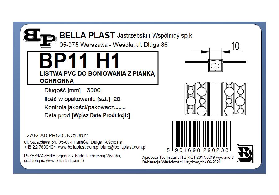 Zdjęcie: Listwa PVC do boniowania BP11 H1 L300 biały bez siatki 10x10 mm BELLA PLAST