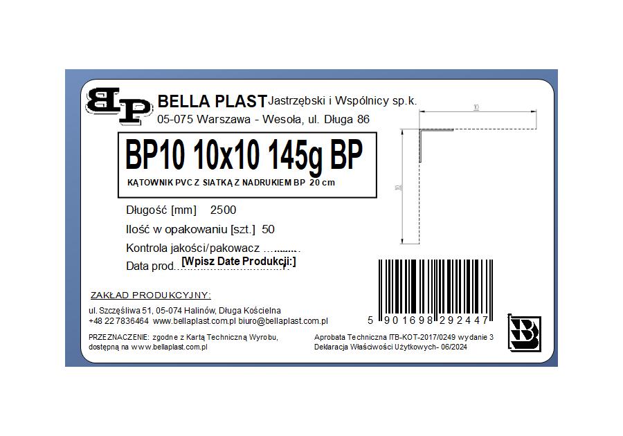 Zdjęcie: Kątownik prosty z siatką BP10 L250 20 cm BELLA PLAST