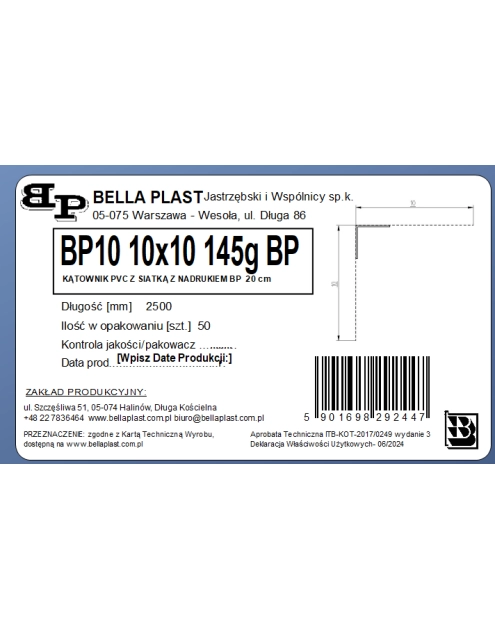 Zdjęcie: Kątownik prosty z siatką BP10 L250 20 cm BELLA PLAST