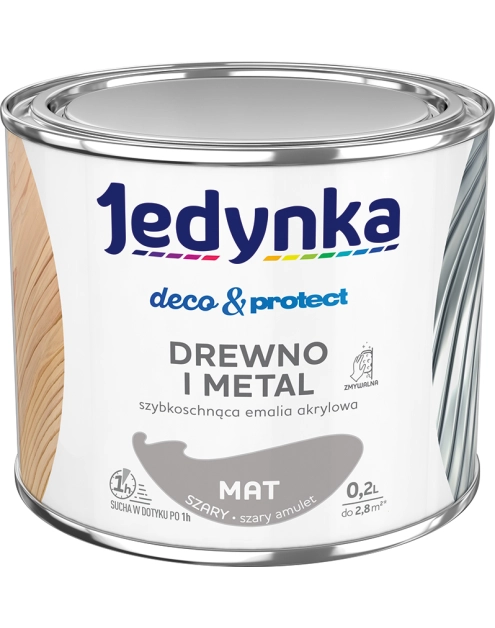 Zdjęcie: Emalia akrylowa Deco&Protect drewno i metal mat szary 0,2 L JEDYNKA