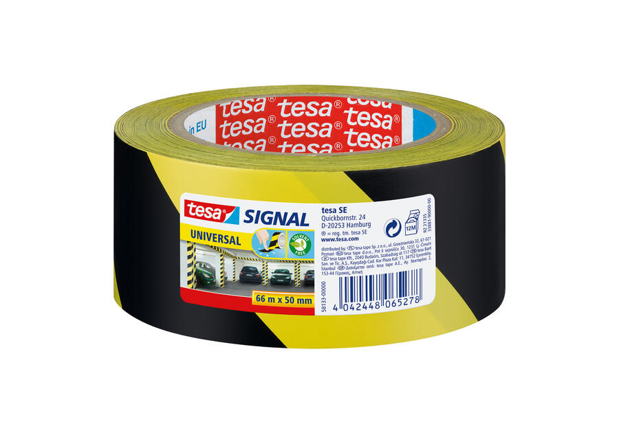 Zdjęcie: Taśma ostrzegawcza Signal, do znakowania przeszkód, 66 m-50 mm, żółto-czarna TESA
