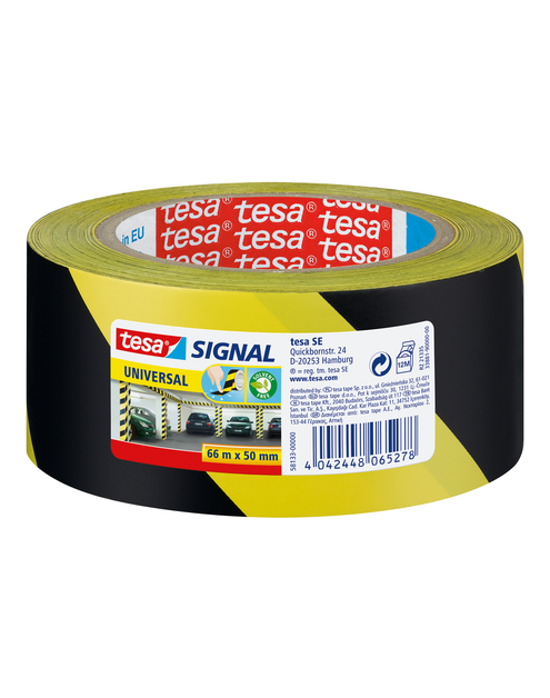 Zdjęcie: Taśma ostrzegawcza Signal, do znakowania przeszkód, 66 m-50 mm, żółto-czarna TESA