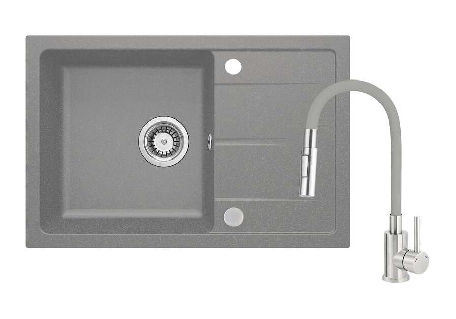 Zdjęcie: Zestaw zlew granitowy ZRD S113 SZARY, bateria gięta S740 DEANTE