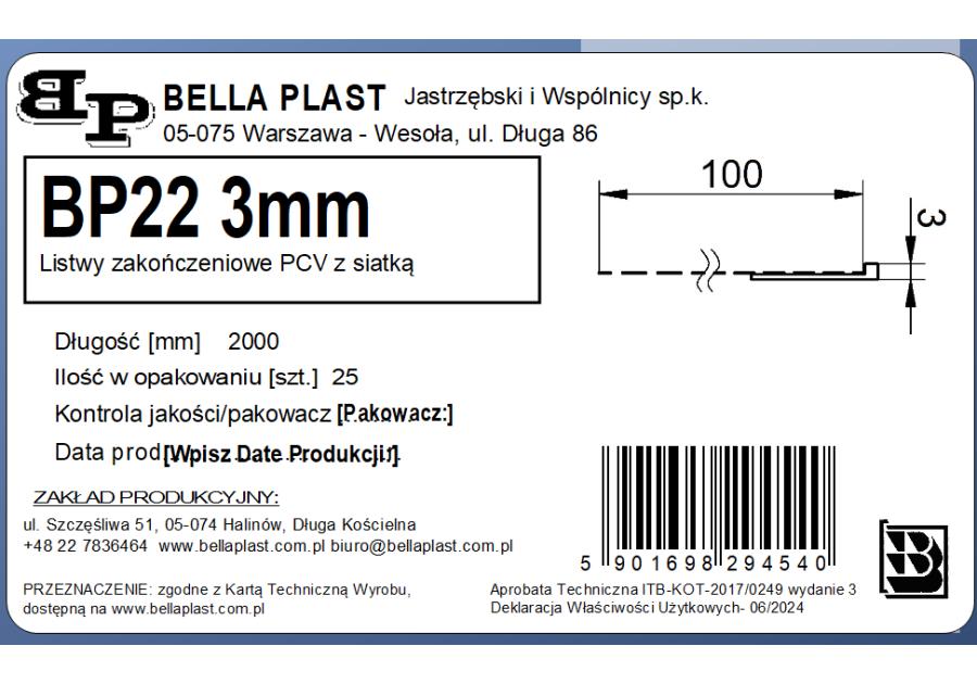 Zdjęcie: Listwa zakończeniowa z siatką BP22 BELLA PLAST