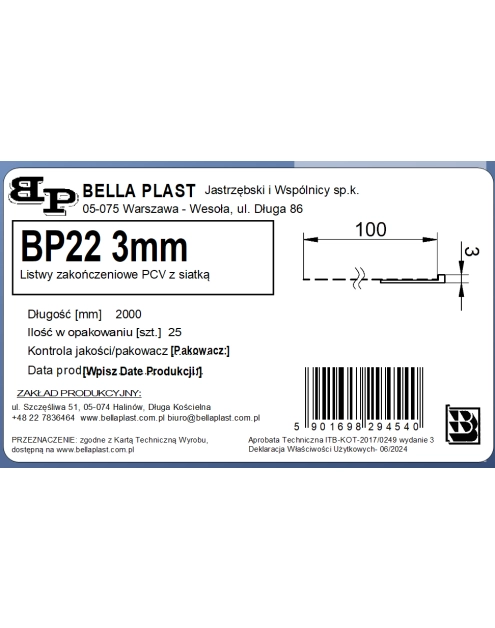 Zdjęcie: Listwa zakończeniowa z siatką BP22 BELLA PLAST