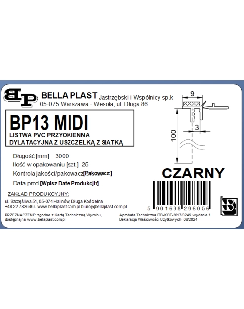 Zdjęcie: Listwa PVC BP13 Midi L300 9/3 czarny, dylatacyjna, z siatką i z uszczelką BELLA PLAST