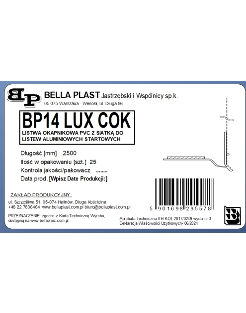 Zdjęcie: Listwa okapnikowa PVC z siatką BP14 Lux COK L250 do listwy Alu BELLA PLAST