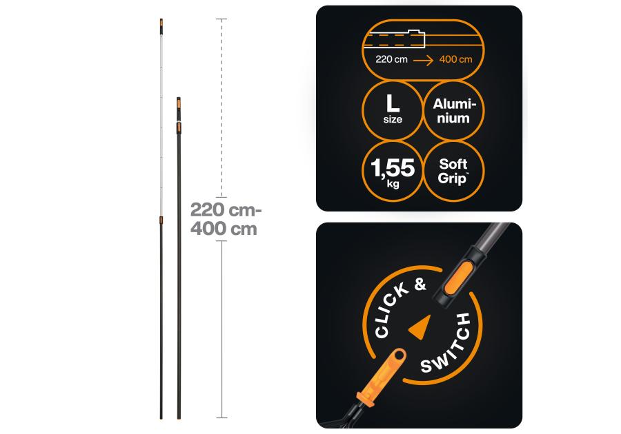 Zdjęcie: Trzonek teleskopowy aluminiowy długi rozmiar L, 220 cm - 400 cm One Click FISKARS