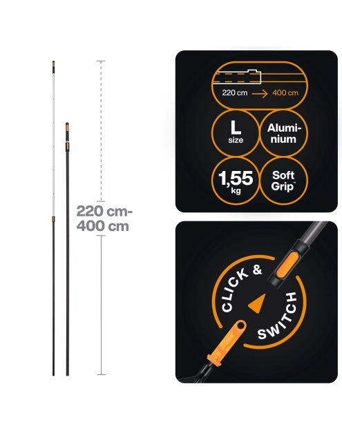 Zdjęcie: Trzonek teleskopowy aluminiowy długi rozmiar L, 220 cm - 400 cm One Click FISKARS