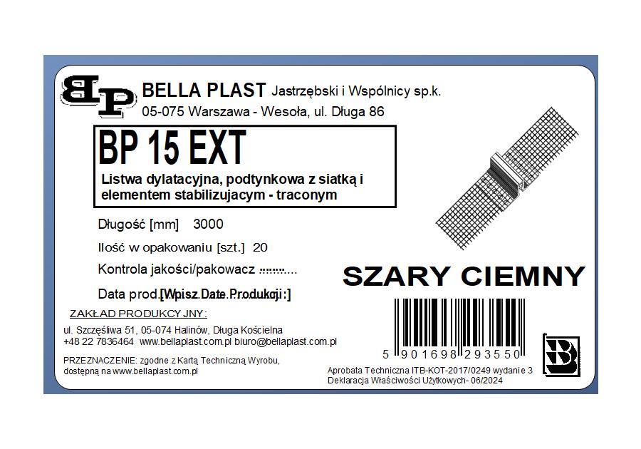 Zdjęcie: Listwa PVC dylatacyjna, podtynkowa z siatką BP15 EXT L300 szary ciemny BELLA PLAST