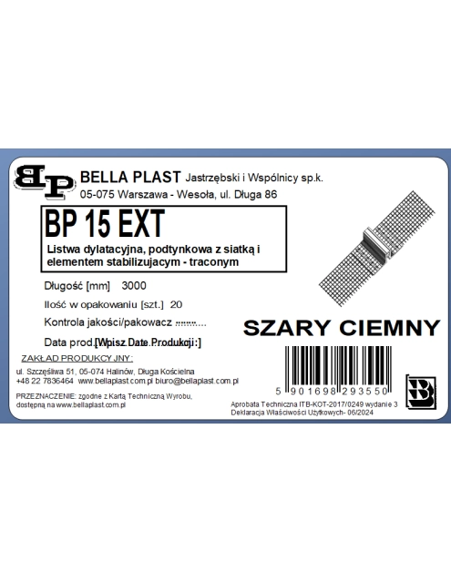 Zdjęcie: Listwa PVC dylatacyjna, podtynkowa z siatką BP15 EXT L300 szary ciemny BELLA PLAST