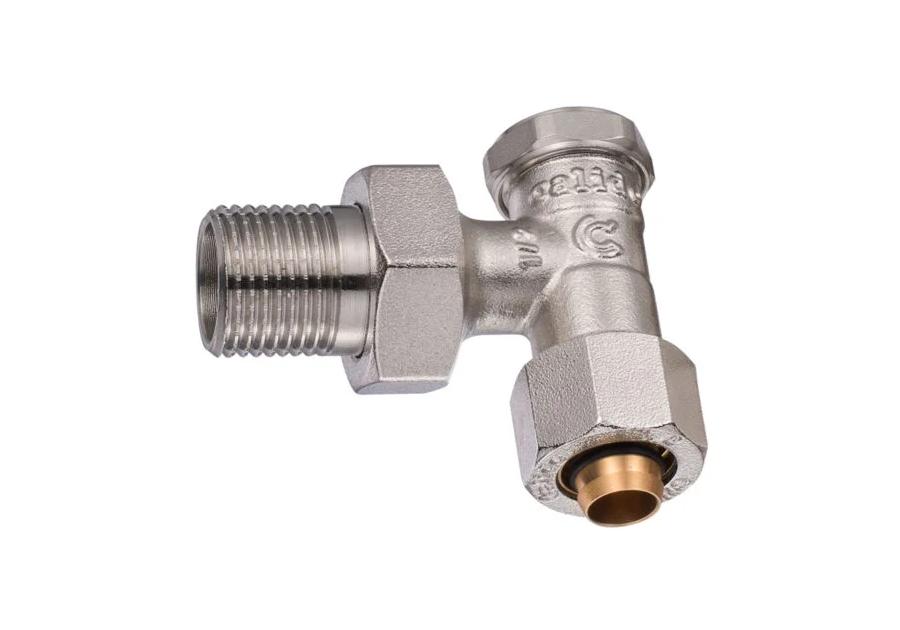 Zdjęcie: Zawór na zawieszce grzejnikowy powrotny kątowy 1/2" z przyłączem zaciskanym 16 x 2,0 mm CALIDO