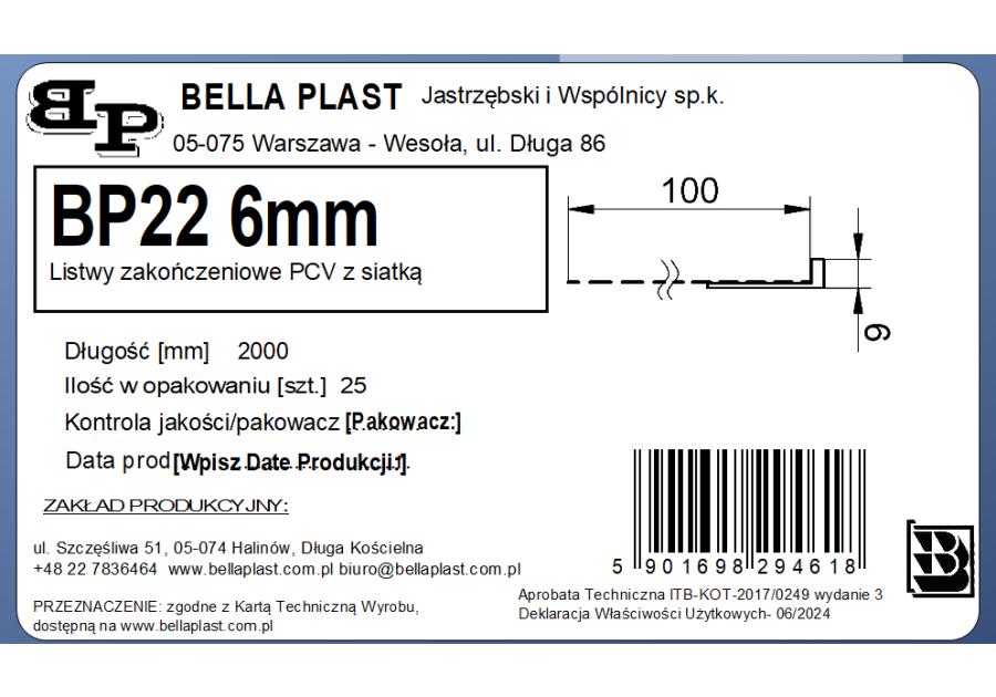 Zdjęcie: Listwa PVC zakończeniowa z siatką BP22 L200 6 mm biała BELLA PLAST