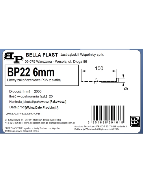 Zdjęcie: Listwa PVC zakończeniowa z siatką BP22 L200 6 mm biała BELLA PLAST