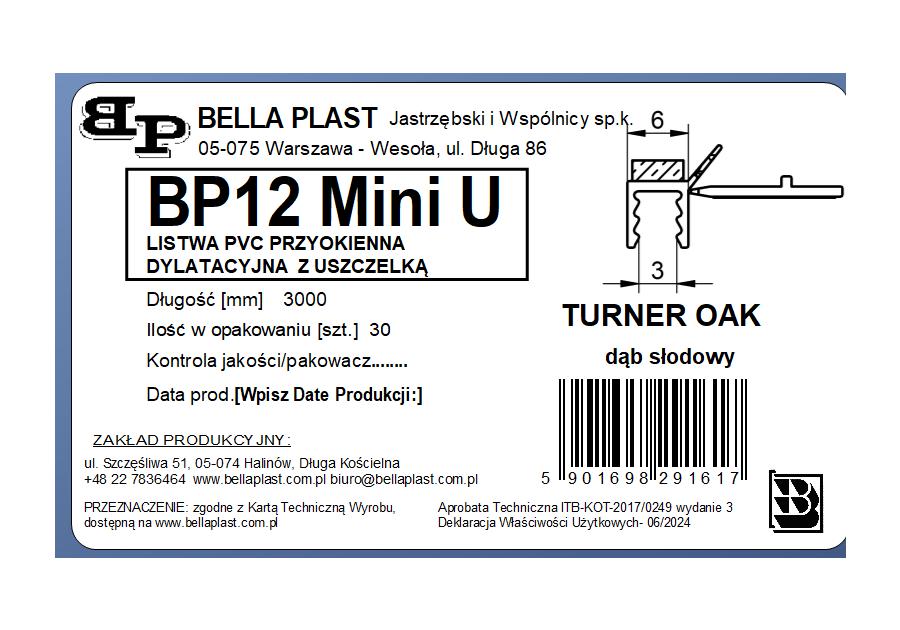Zdjęcie: Listwa PVC BP12 Mini U L300 6/3 turner oak, tynkarska z uszczelką BELLA PLAST