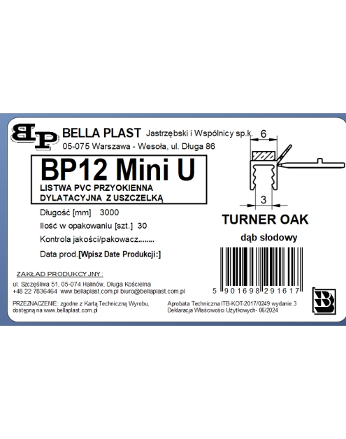 Zdjęcie: Listwa PVC BP12 Mini U L300 6/3 turner oak, tynkarska z uszczelką BELLA PLAST