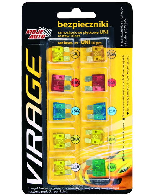 Zdjęcie: Zestaw bezpieczników samochodowych płaskich Uni 10 szt. Virage MOJE AUTO
