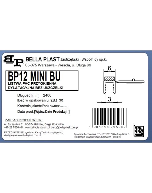 Zdjęcie: Listwa PVC BP12 Mini BU L240 6/3 biały, przyokienna dylatacyjna, tynkarska bez uszczelki BELLA PLAST