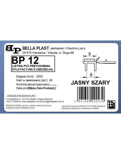 Zdjęcie: Listwa PVC BP12 L300 9/6 szary jasny, przyokienna, dylatacyjna, tynkarska z uszczelką BELLA PLAST