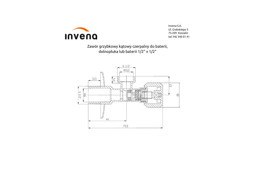 Zdjęcie: Zawór grzybkowy kątowy do baterii, dolnopłuka lub pralki 1/2x1/2 INVENA
