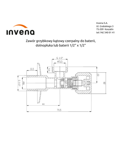 Zdjęcie: Zawór grzybkowy kątowy do baterii, dolnopłuka lub pralki 1/2x1/2 INVENA