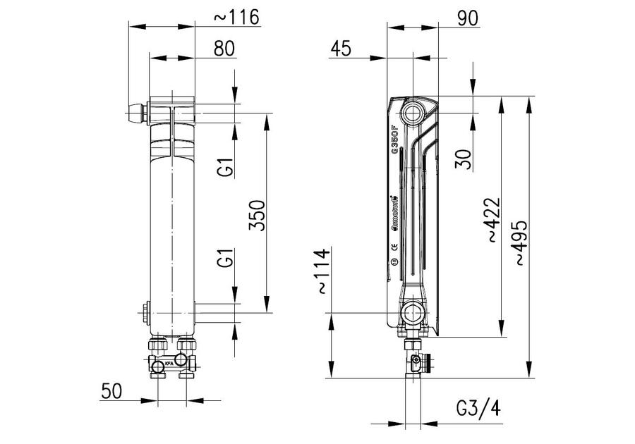 Zdjęcie: Element grzejnika G500F D/1 lewy z zespołem przyłączeniowym prostym KFA