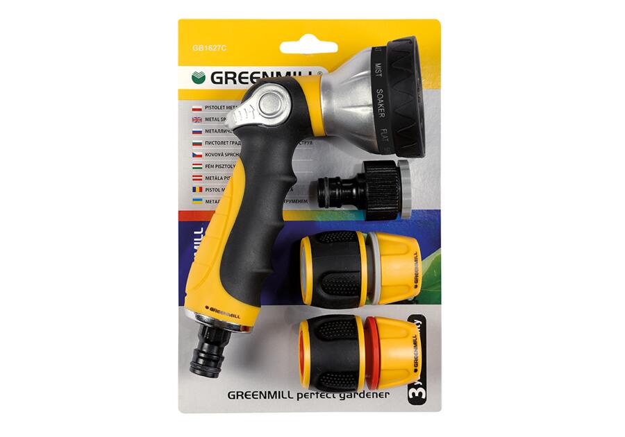 Zdjęcie: Zestaw złączek na wąż 1/2 z pistoletem 10-funkcyjnym na kran 3/4-1/2 GREENMILL AQUASYSTEM