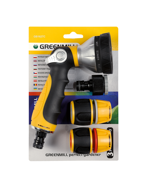 Zdjęcie: Zestaw złączek na wąż 1/2 z pistoletem 10-funkcyjnym na kran 3/4-1/2 GREENMILL AQUASYSTEM