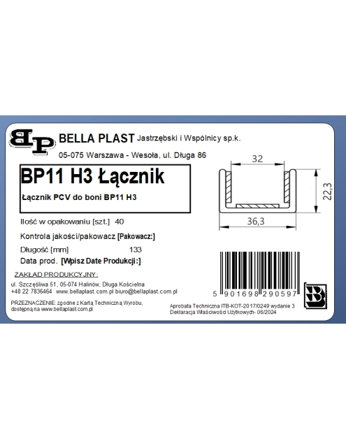 Zdjęcie: Łącznik wzdłużny BP11 H3 Ł do listwy do boniowania BELLA PLAST