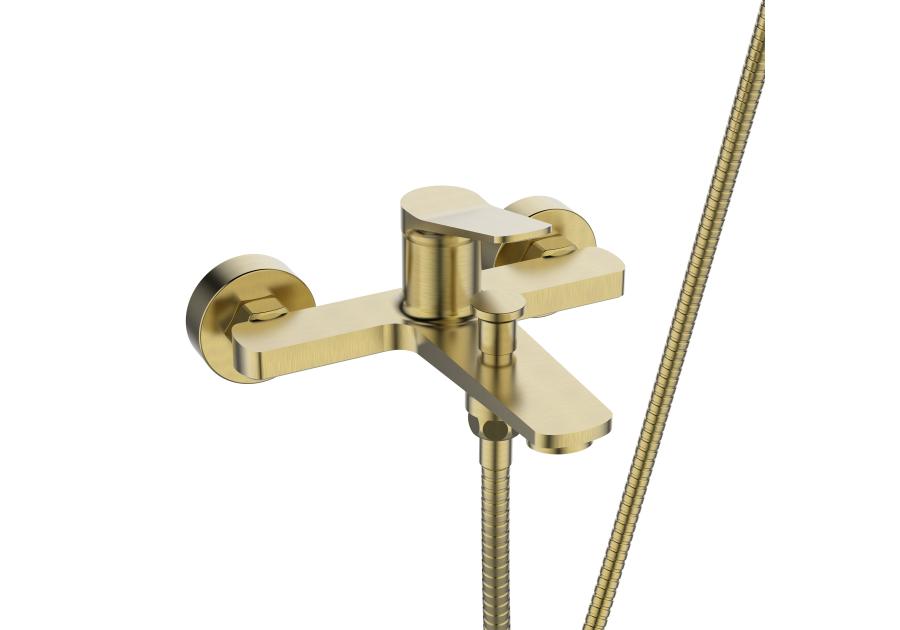 Zdjęcie: Bateria wannowa z zestawem natryskowym Alonia złoto szczotkowane INVENA