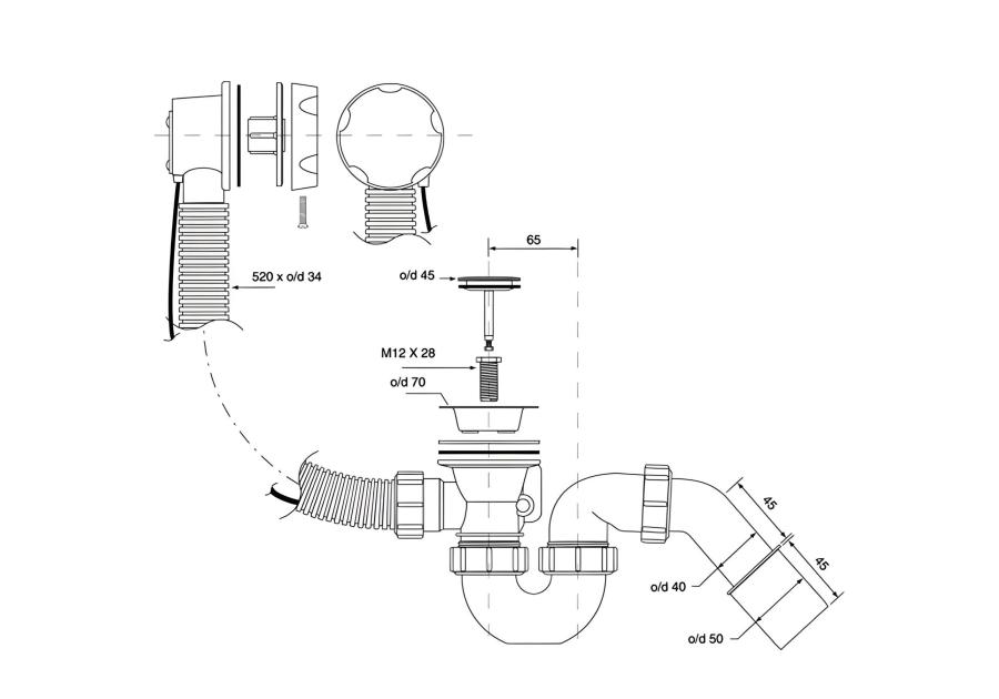 Zdjęcie: Zestaw odpływowo-przelewowy wannowy z odejściem 40/50 mm pokrętło abs biały MCALPINE