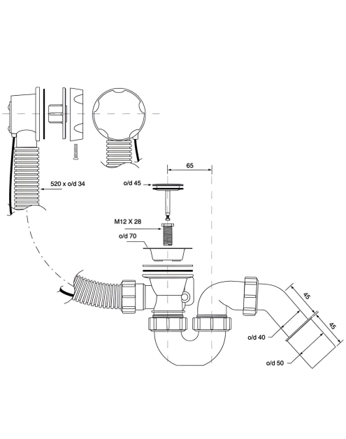 Zdjęcie: Zestaw odpływowo-przelewowy wannowy z odejściem 40/50 mm pokrętło abs biały MCALPINE