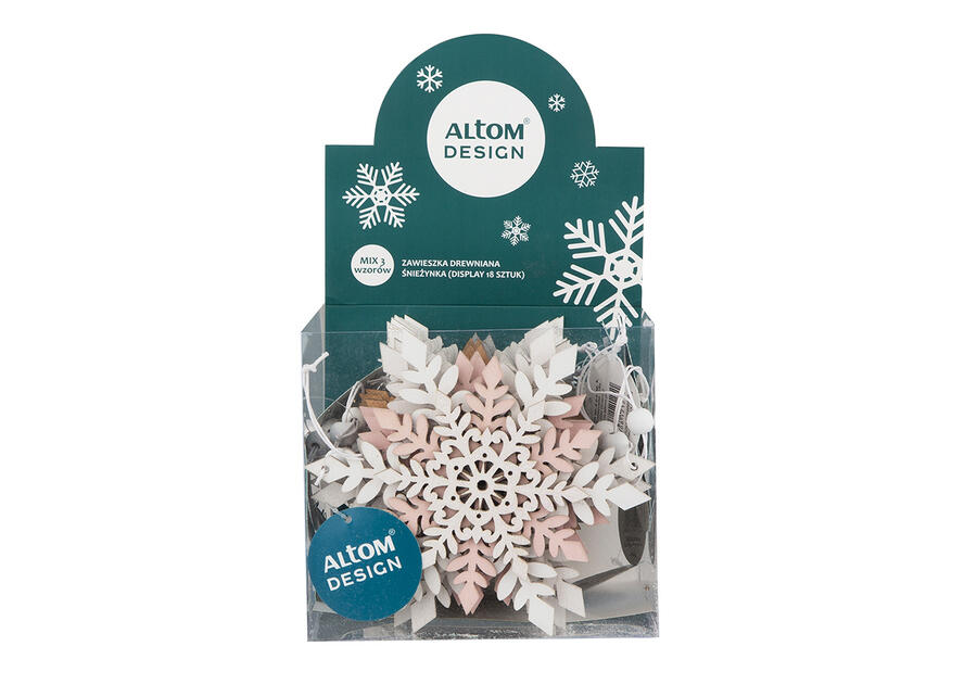 Zdjęcie: Zawieszka drewniana śnieżynka mix 3 kolorów Display 18 szt. ALTOMDESIGN