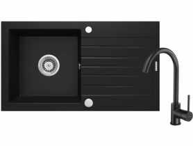 Zlewozmywak granitowy ZQZ N113 nero, bateria BEU B62M czarna DEANTE