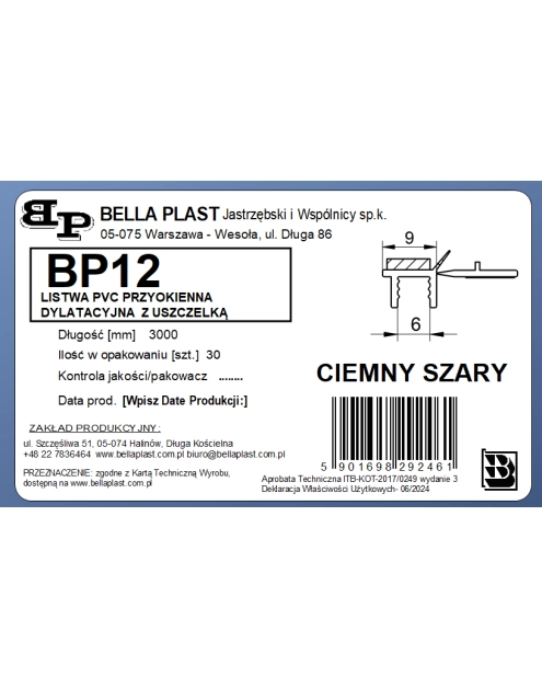 Zdjęcie: Listwa PVC BP12 L300 9/6 szary ciemny, przyokienna, dylatacyjna, tynkarska z uszczelką BELLA PLAST