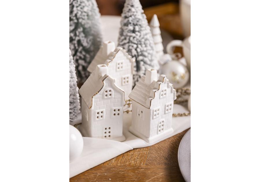 Zdjęcie: Świecznik ceramiczny świąteczny LED domek biały ze złotą linią 12,5 cm ALTOMDESIGN