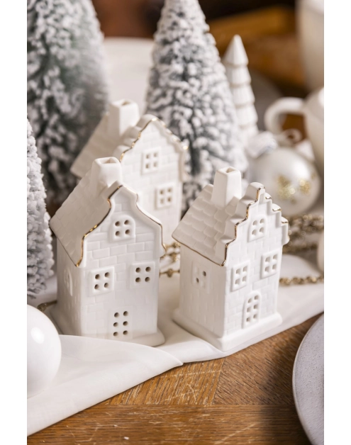Zdjęcie: Świecznik ceramiczny świąteczny LED domek biały ze złotą linią 12,5 cm ALTOMDESIGN